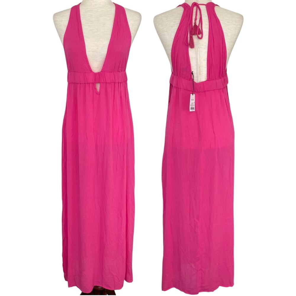 NEW SHADE & SHORE Pink Plunge Neck Swimsuit Cover Up Dress Double Slit Medium